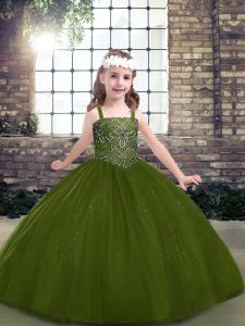 Olive Green Tulle Lace Up High School Pageant Dress Sleeveless Floor Length Beading