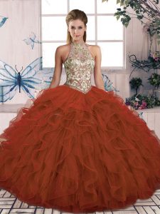 Tulle Halter Top Sleeveless Lace Up Beading and Ruffles Sweet 16 Dresses in Rust Red