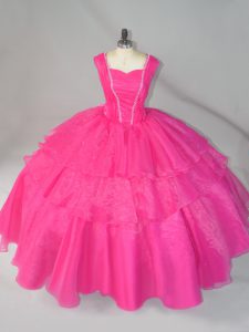 Hot Pink Straps Neckline Beading Sweet 16 Dress Sleeveless Lace Up