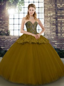 Clearance Sweetheart Sleeveless Ball Gown Prom Dress Floor Length Beading and Appliques Brown Tulle