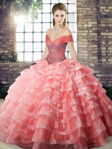 Watermelon Red Vestidos de Quinceanera Military Ball and Sweet 16 and Quinceanera with Beading and Ruffled Layers Off The Shoulder Sleeveless Brush Train Lace Up