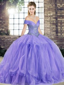 Best Sleeveless Floor Length Beading and Ruffles Lace Up Quinceanera Gown with Lavender