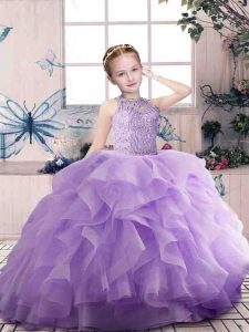New Arrival Lavender Ball Gowns Organza Scoop Sleeveless Beading and Ruffles Floor Length Zipper Girls Pageant Dresses