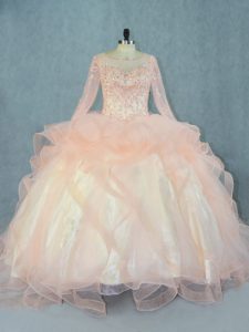 Exquisite Floor Length Lace Up Quinceanera Gown Peach for Sweet 16 and Quinceanera with Beading and Ruffles