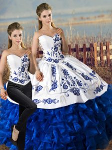 Noble Floor Length Lace Up Sweet 16 Dress Blue And White for Sweet 16 and Quinceanera with Embroidery and Ruffles