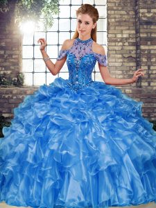 Extravagant Blue Halter Top Lace Up Beading and Ruffles Quinceanera Dresses Sleeveless