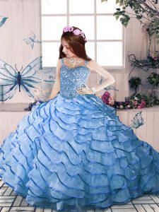Custom Designed Blue Lace Up Straps Beading and Ruffled Layers Girls Pageant Dresses Organza Sleeveless Court Train