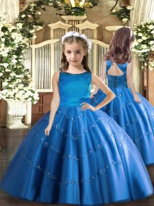 Blue Tulle Lace Up Little Girls Pageant Dress Wholesale Sleeveless Floor Length Beading