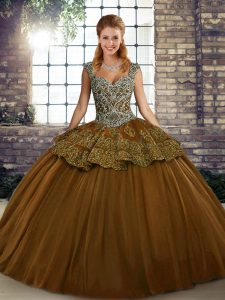 Floor Length Lace Up 15th Birthday Dress Brown for Military Ball and Sweet 16 and Quinceanera with Beading and Appliques