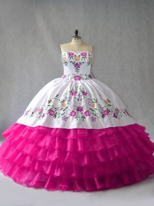 Fuchsia Ball Gowns Embroidery and Ruffled Layers Quinceanera Gown Lace Up Satin and Organza Sleeveless Floor Length