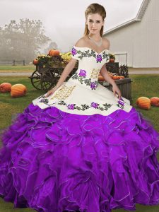 Off The Shoulder Sleeveless Organza Quince Ball Gowns Embroidery and Ruffles Lace Up