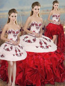 Sweetheart Sleeveless Lace Up Quinceanera Gown White And Red Organza