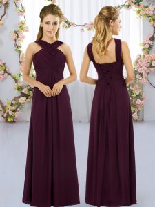 Burgundy Lace Up Quinceanera Dama Dress Ruching Sleeveless Floor Length