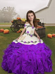Straps Sleeveless Organza Kids Pageant Dress Embroidery and Ruffles Lace Up