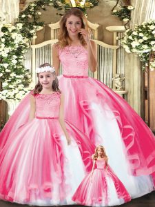 Sophisticated Hot Pink Tulle Clasp Handle Ball Gown Prom Dress Sleeveless Floor Length Lace and Ruffles