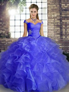 Sophisticated Blue Sweet 16 Dresses Military Ball and Sweet 16 and Quinceanera with Beading and Ruffles Off The Shoulder Sleeveless Lace Up