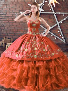 Rust Red Ball Gowns Embroidery and Ruffled Layers Ball Gown Prom Dress Lace Up Satin and Organza Sleeveless Floor Length