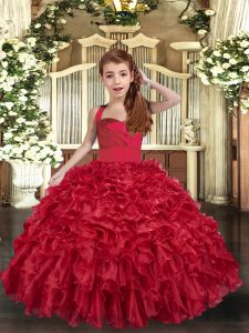 Glorious Red Ball Gowns Straps Sleeveless Organza Floor Length Lace Up Ruffles Pageant Gowns For Girls