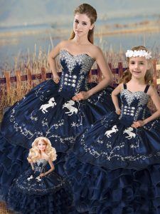 Sumptuous Navy Blue Ball Gowns Sweetheart Sleeveless Satin and Organza Floor Length Lace Up Embroidery and Ruffles Sweet 16 Dresses