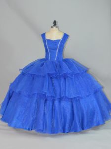 Blue Lace Up Quince Ball Gowns Beading and Ruffled Layers Sleeveless Floor Length