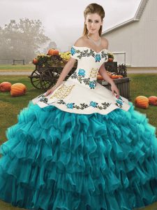 Off The Shoulder Sleeveless Organza Sweet 16 Dresses Embroidery and Ruffled Layers Lace Up