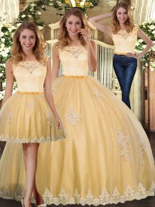 Tulle Scoop Sleeveless Clasp Handle Lace and Appliques Quinceanera Gowns in Gold