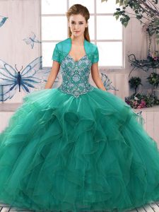 Turquoise Off The Shoulder Neckline Beading and Ruffles Quinceanera Dress Sleeveless Lace Up
