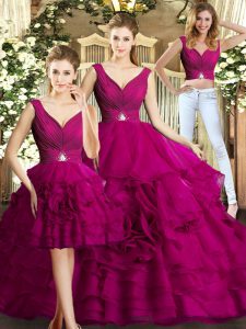 Super Organza Sleeveless Floor Length Quinceanera Dress and Beading and Ruffles