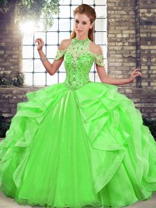 Stylish Ball Gowns Vestidos de Quinceanera Green Halter Top Organza Sleeveless Floor Length Lace Up