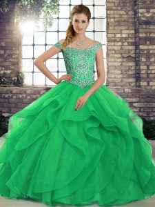 Most Popular Green Ball Gowns Off The Shoulder Sleeveless Tulle Brush Train Lace Up Beading and Ruffles Sweet 16 Dresses