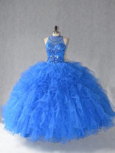 Romantic Ball Gowns Vestidos de Quinceanera Royal Blue Halter Top Tulle Sleeveless Floor Length Lace Up