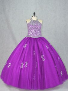 Wonderful Floor Length Lace Up Sweet 16 Quinceanera Dress Purple for Sweet 16 and Quinceanera with Beading and Appliques