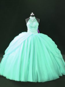 Traditional Apple Green Halter Top Lace Up Beading 15 Quinceanera Dress Sleeveless