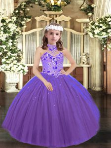 Appliques Pageant Dress Purple Lace Up Sleeveless Floor Length
