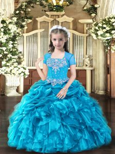 High End Baby Blue Sleeveless Beading and Ruffles Floor Length Child Pageant Dress