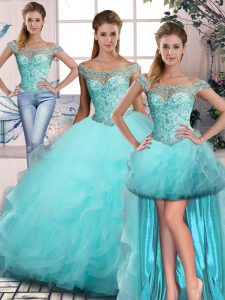 Custom Designed Aqua Blue Tulle Lace Up Quinceanera Gowns Sleeveless Beading and Ruffles