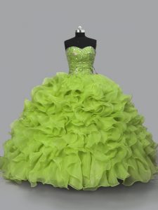 Top Selling Halter Top Sleeveless Lace Up 15th Birthday Dress Yellow Green Organza