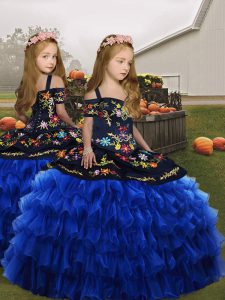 Royal Blue Ball Gowns Organza Straps Sleeveless Embroidery Floor Length Lace Up Little Girls Pageant Gowns