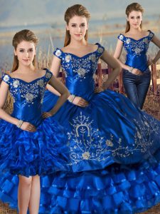 Wonderful Royal Blue Lace Up Off The Shoulder Embroidery and Ruffled Layers Sweet 16 Dress Satin and Organza Sleeveless