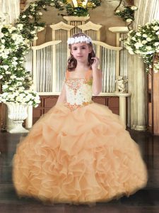 Lovely Peach Straps Neckline Beading and Ruffles and Pick Ups Pageant Dress Wholesale Sleeveless Lace Up