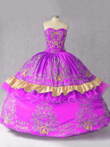 Purple Satin and Organza Lace Up Vestidos de Quinceanera Sleeveless Floor Length Embroidery and Bowknot