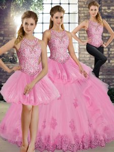 Traditional Rose Pink Three Pieces Scoop Sleeveless Tulle Floor Length Lace Up Lace and Embroidery and Ruffles Quinceanera Gown