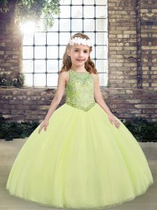 Light Yellow Little Girls Pageant Gowns Party and Wedding Party with Beading Scoop Sleeveless Lace Up