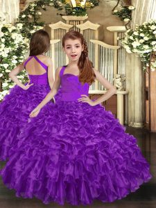 Purple Ball Gowns Straps Sleeveless Organza Floor Length Lace Up Ruffles Pageant Dress for Womens