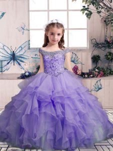 Off The Shoulder Sleeveless Lace Up Little Girl Pageant Dress Lavender Organza