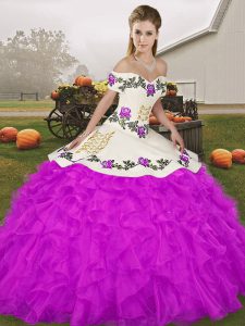 Purple Off The Shoulder Neckline Embroidery and Ruffles Sweet 16 Quinceanera Dress Sleeveless Lace Up