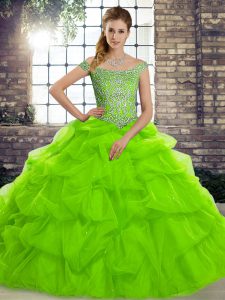 Popular Sleeveless Tulle Brush Train Lace Up Quinceanera Dresses for Military Ball and Sweet 16 and Quinceanera