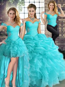 Inexpensive Aqua Blue Organza Lace Up Off The Shoulder Sleeveless Floor Length Vestidos de Quinceanera Beading and Ruffles and Pick Ups