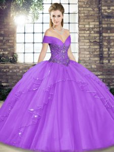 Tulle Off The Shoulder Sleeveless Lace Up Beading and Ruffles Ball Gown Prom Dress in Lavender