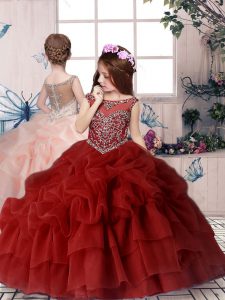 Red Little Girl Pageant Dress Party and Wedding Party with Beading and Pick Ups Off The Shoulder Sleeveless Lace Up